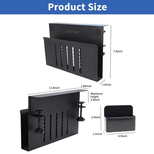 LUKETURE Desk Side Storage, Steel Side Desk Organizer, No Drill Laptop Holder, Clamp on Laptop Mount with Pen Holder, Table Hanging Storage for Home Office, Fits Flat Edge Tables 0.3" to 2.8"