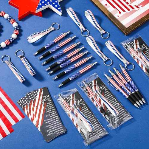 60 Pcs Veterans Day Gifts Bulk Patriotic Party Favor American Flag Ballpoint Pens USA Keychains Bookmarks for Memorial Day Souvenir Gifts