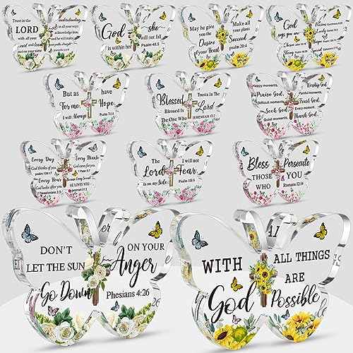 Pinkunn 12 Pcs Acrylic Christian Religious Gifts for Women Butterfly Scripture Church Gifts with Bible Verse and Prayers Inspirational Keepsake Faith Paperweight Bulk for Church