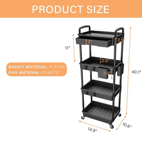 4 Tier Rolling Utility Cart with Drawer,REBECAT Utility Cart Made of Multifunctional Storage Organizer Tool for Kitchen,Bathroom,Living Room,Office(Black)