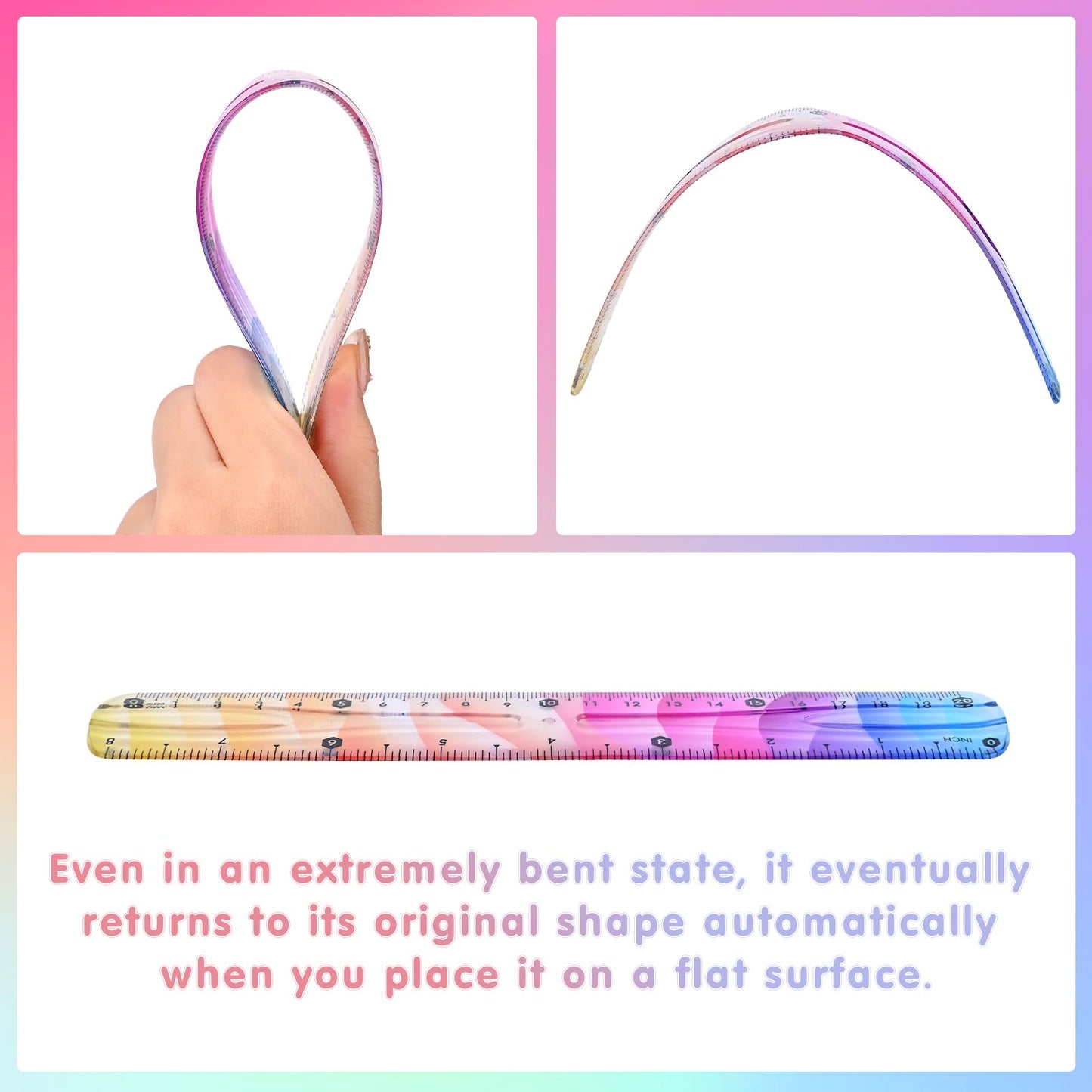 Valtiner 4 Pcs Flexible Rulers Set, Colorful Geometry Kit, Plastic Bendable Shatterproof Soft Rulers, Clear Ruler 20 cm/ 8 Inch, Triangle Rulers and Protractor for Back to School Supplies (8 Inch)