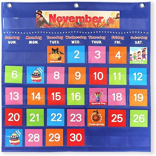 Fun Classroom Calendar - Educational Pocket Chart with 88 Cards | Monthly Calendar for Teachers (Blue)