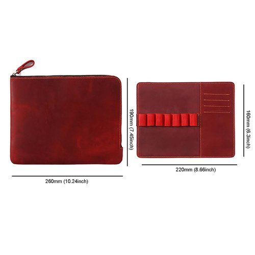 AIGUONIU Genuine Leather Zip Pen Case Creative 7 Slots Pen Case With Removable Pen Tray Holder Pencil Case Office Supplies Pouch(Red)