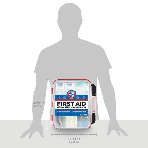 Be Smart Get Prepared First Aid Kit Hard Red Case 326 Pieces Exceeds OSHA and ANSI Guidelines 100 People - Office, Home, Car, School, Emergency, Survival, Camping, Hunting and Sports (20HBC01015REV3)