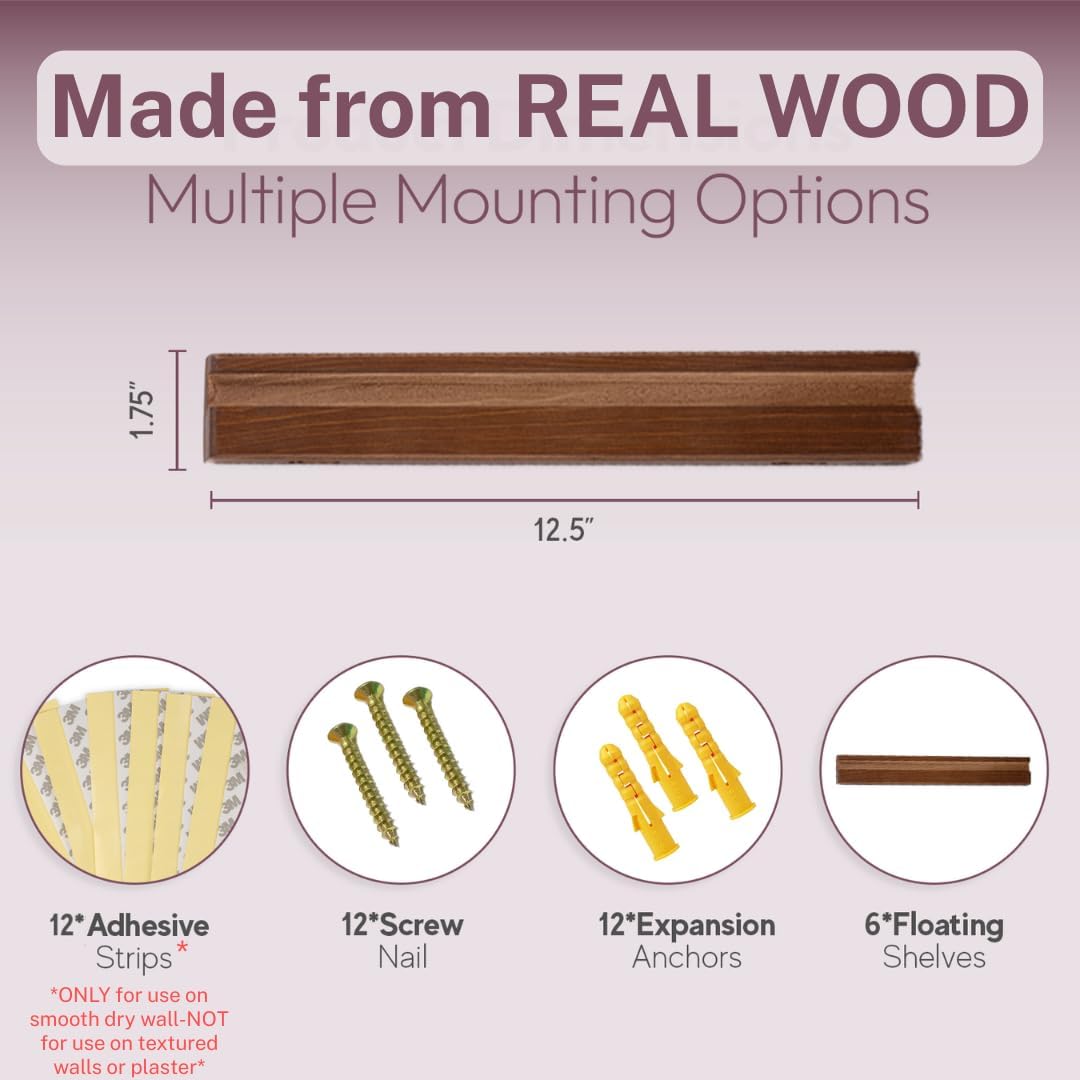 Vinyl Record Holder by Pinewood - Pack of 6 Wall Mounts with 2 Mounting Options | Walnut Stain Finish