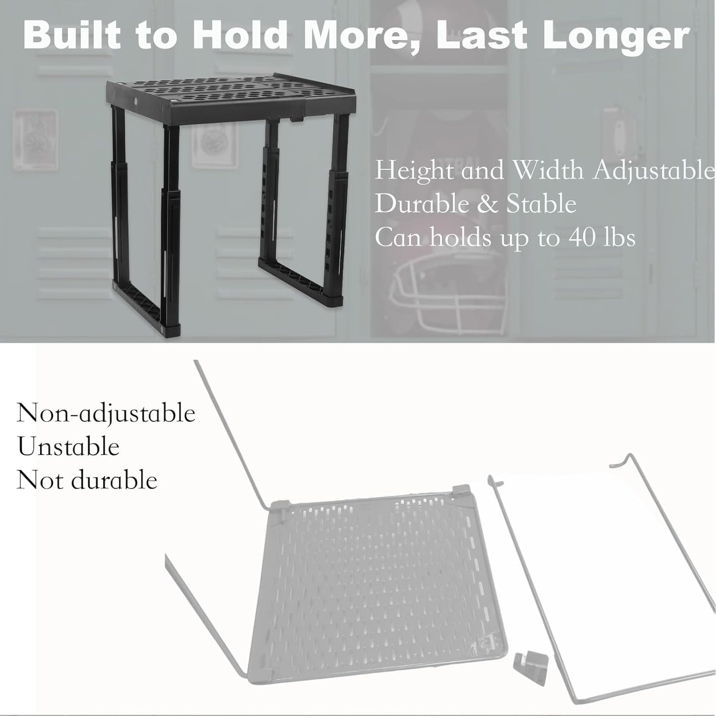 Svartur Adjustable Locker Shelf Organizer - Durable Expandable Storage for School Lockers | Black, Pack of 2