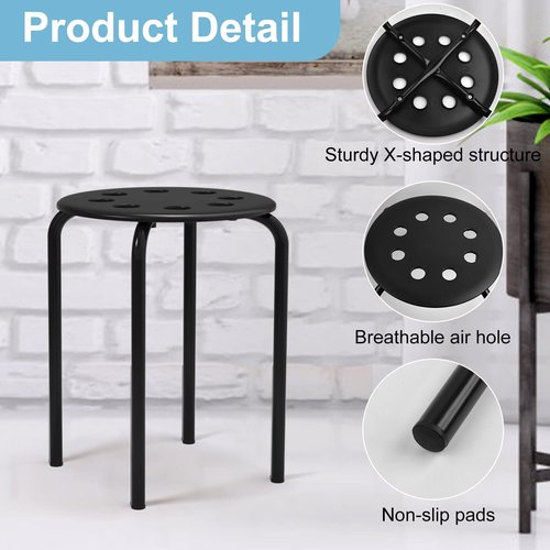 12 Pack Black Plastic Stack Stools - Stackable Stools with Metal Frame, Backless, Round Top for Students, Adults, School, Office, Home