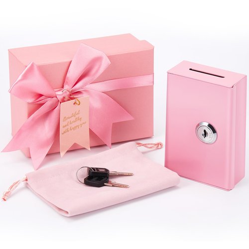 CroBlissful 3 Pcs Pink Metal Cash Box for Money Savers Large Slot with 2 Keys and Storage Bag Gift Box, Casino Portable Cash Organizer Pocket Sized Gifts Stops Addictive Urges to Casino Lovers