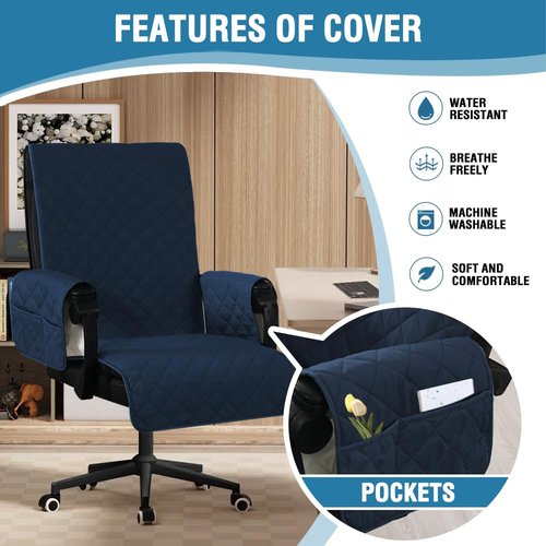 H.VERSAILTEX Water-Resistant Office Chair Protector – Universal High-Back Cover with Non-Slip Buckles, Fits Executive,Gaming Chair and Desk Chairs （Navy/Beige，Washable