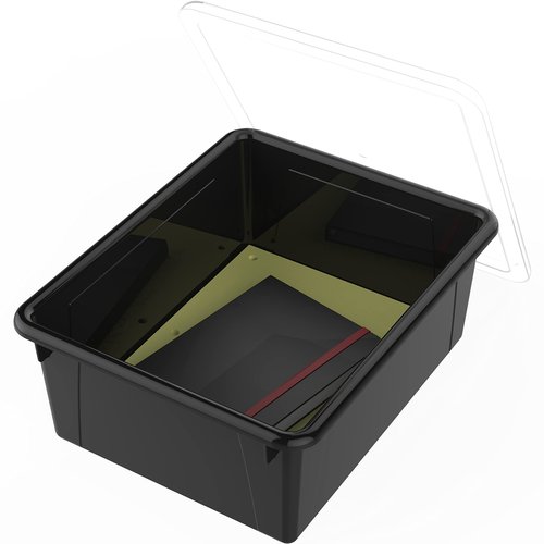 Storex Letter Size Deep Storage Tray – Organizer Bin with Non-Snap Lid for Classroom, Office and Home, Black, 5-Pack (62543U05C)