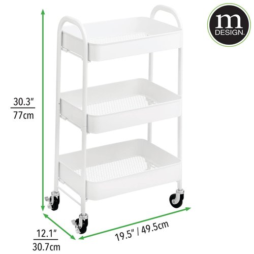 mDesign Metal 3-Tier Rolling Utility Storage Carts - Organizer Trolley for Bathroom, Kitchen, Laundry, Office, and Kids Rooms - Heavy Duty Caddy with 4 Caster Wheels - Matte White