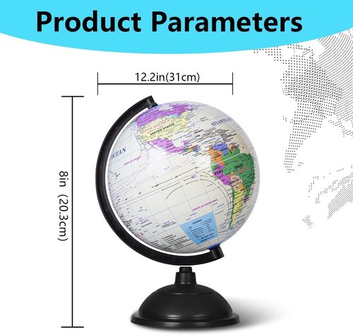 KISEER 8-Inch Rotating World Globe - Educational Spinning Earth for Kids | White Stand