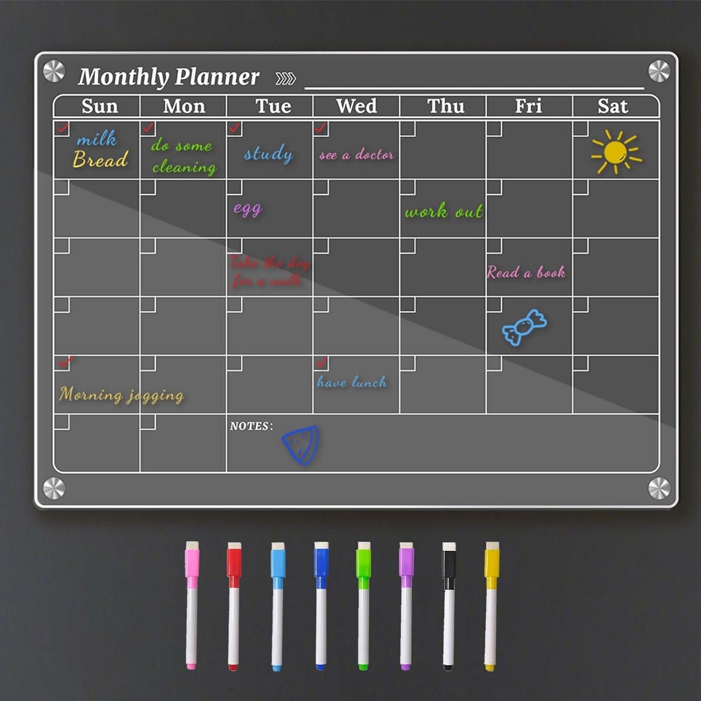 Skiennix Monthly Dry Erase Calendar - Clear Magnetic Planner with 8 Markers | 16.5"x11.7" Size