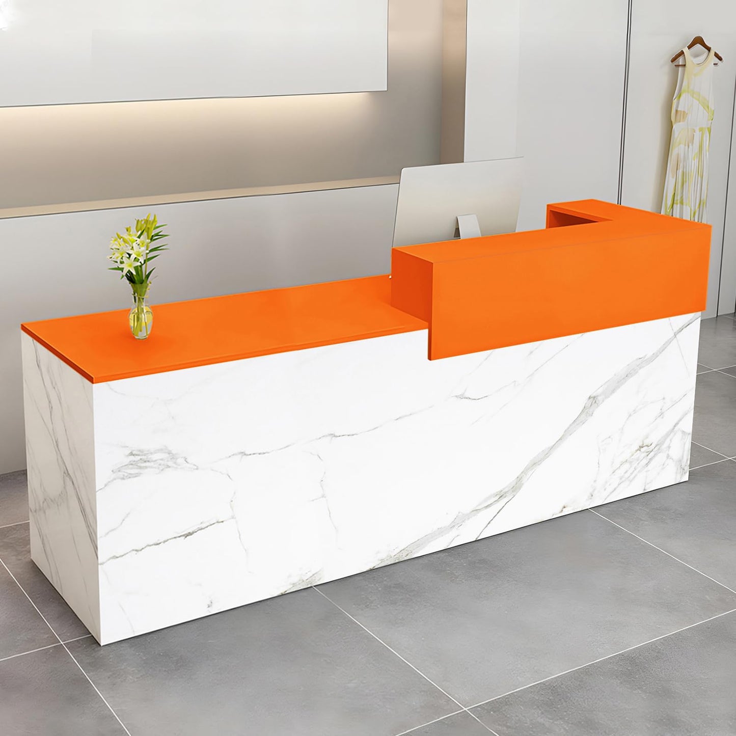 Modern Reception Desk with Drawer & Open Shelves, 39-95 Inch Front Counter Table, Computer Workstation Suitable for Salons, Offices, Lobbies, Retail Stores and Home Offices