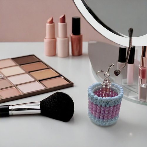 Ruesr Decorative Beaded Pen Holder, Pink and White Pearl Design with Bunny Accent, Desktop Organizer, Handcrafted Office Accessory