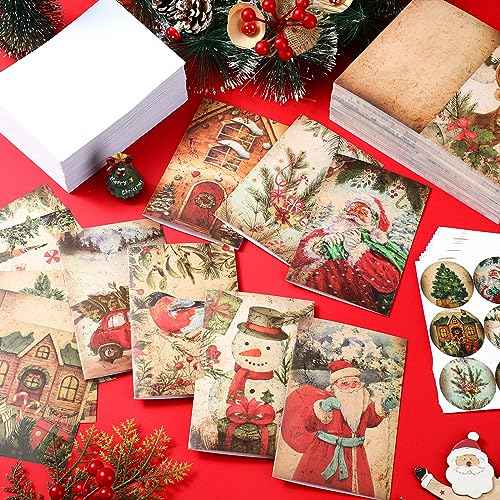 Cholemy 240 Sets Christmas Cards with Envelopes and Stickers Vintage Happy Holiday Cards Bulk Cute Season Greetings Cards 12 Designs, 6 x 4 Inch Merry Christmas Notes for Winter Xmas Season Gift