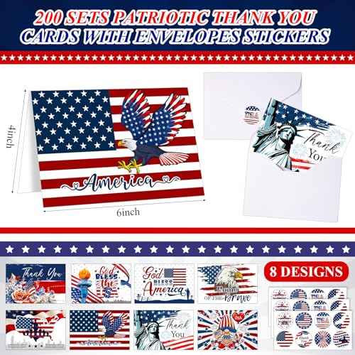 200 Sets Patriotic Greeting Card with Envelopes Stickers 8 Designs American Flag Thank You Cards 4th of July USA Gifts Cards for Party Independence Day Veterans(Patriotic)