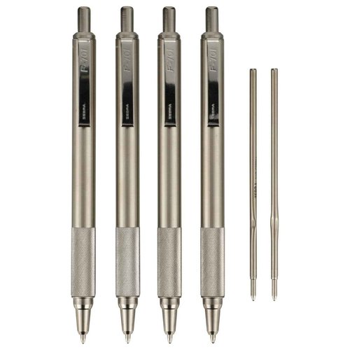 Zebra Pen F-701 Retractable Ballpoint Pen, 0.8mm Fine Point, Stainless Steel Barrel, Ideal for Office Supplies, School Supplies & Teacher Supplies, Black Ink, 4-Pack Plus 2 Refills (50113)