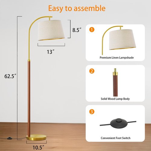 G-SAFAVA 62.5" Wood Floor Lamp for Living Room Gold with Foot Switch Arc Standing Tall Lamps for Bedroom Mid Century Modern Corner Floor Lamps for Office Nursery Industrial Reading Light Room Lamp