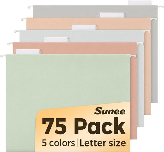 SUNEE Hanging File Folders - 75 Pack of Pastel Colored Letter Size Folders with 1/5-Cut Tabs for Home & Office Organization