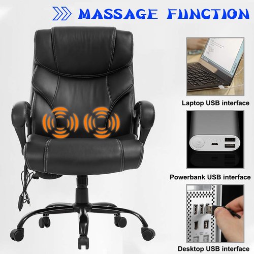 BestOffice Big and Tall Office Chair 400lbs Heavy Duty Metal Base Ergonomic Massage Desk Chair with Lumbar Support Arms High Back PU Leather Executive Task Computer Chair for Home Office