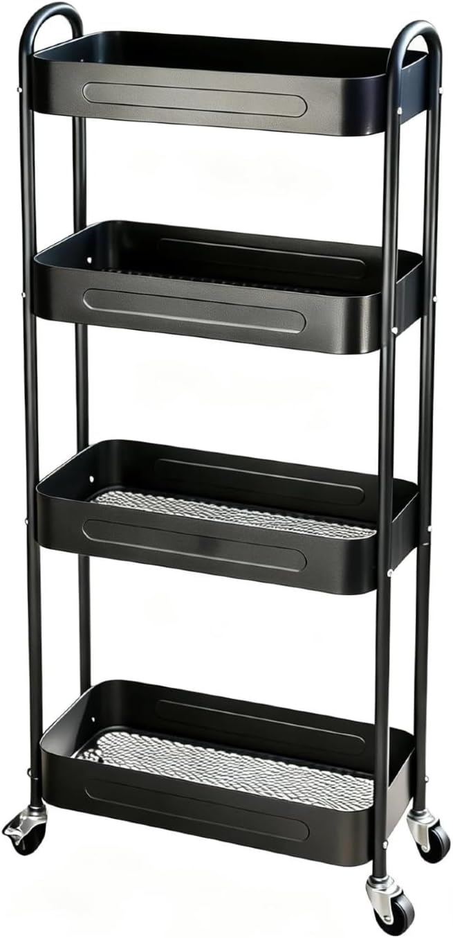 4 Tier Slim Storage Cart - Rolling Laundry Organizer with Lockable Wheels | 7.1'' Narrow Metal Shelf, Black