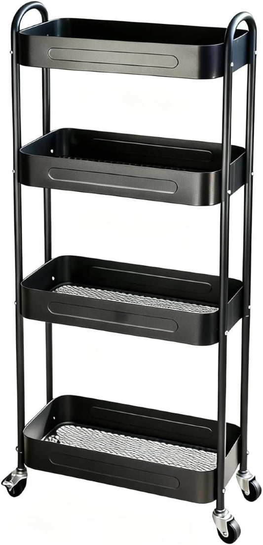 4 Tier Slim Storage Cart - Rolling Laundry Organizer with Lockable Wheels | 7.1'' Narrow Metal Shelf, Black