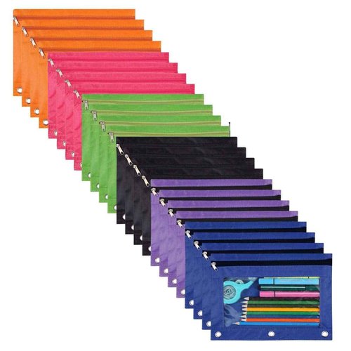 WODISON 24-Packs 3 Ring Pencil Pouch, Binder Pouches with 3 Hole, Bulk Zipper Pencil Case Suitable for Class, School, Office(6 Colors)