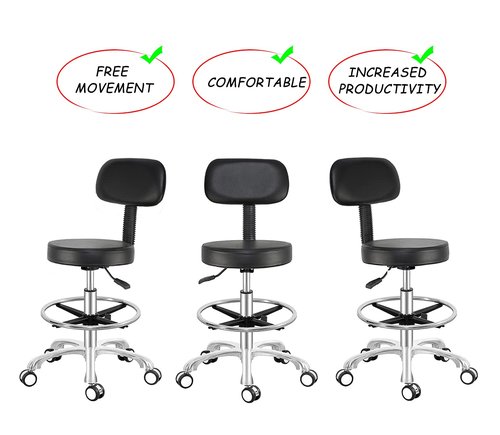 Antlu Rolling Adjustable Stool Drafting Chair for Office Shop Kitchen Medical Salon,Swivel Stool with Wheels and Back (Black, with Foot Ring)