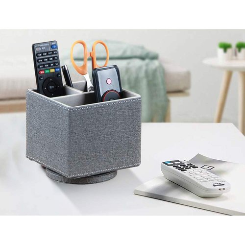 YAPISHI Remote Control Holder, 360° Swivel TV Remote Holder for Table, PU Leather Remotes Caddy, Nightstand Organizer for Media Controllers/Makeup/Office Supplies, Bedside Decorations for Living Room