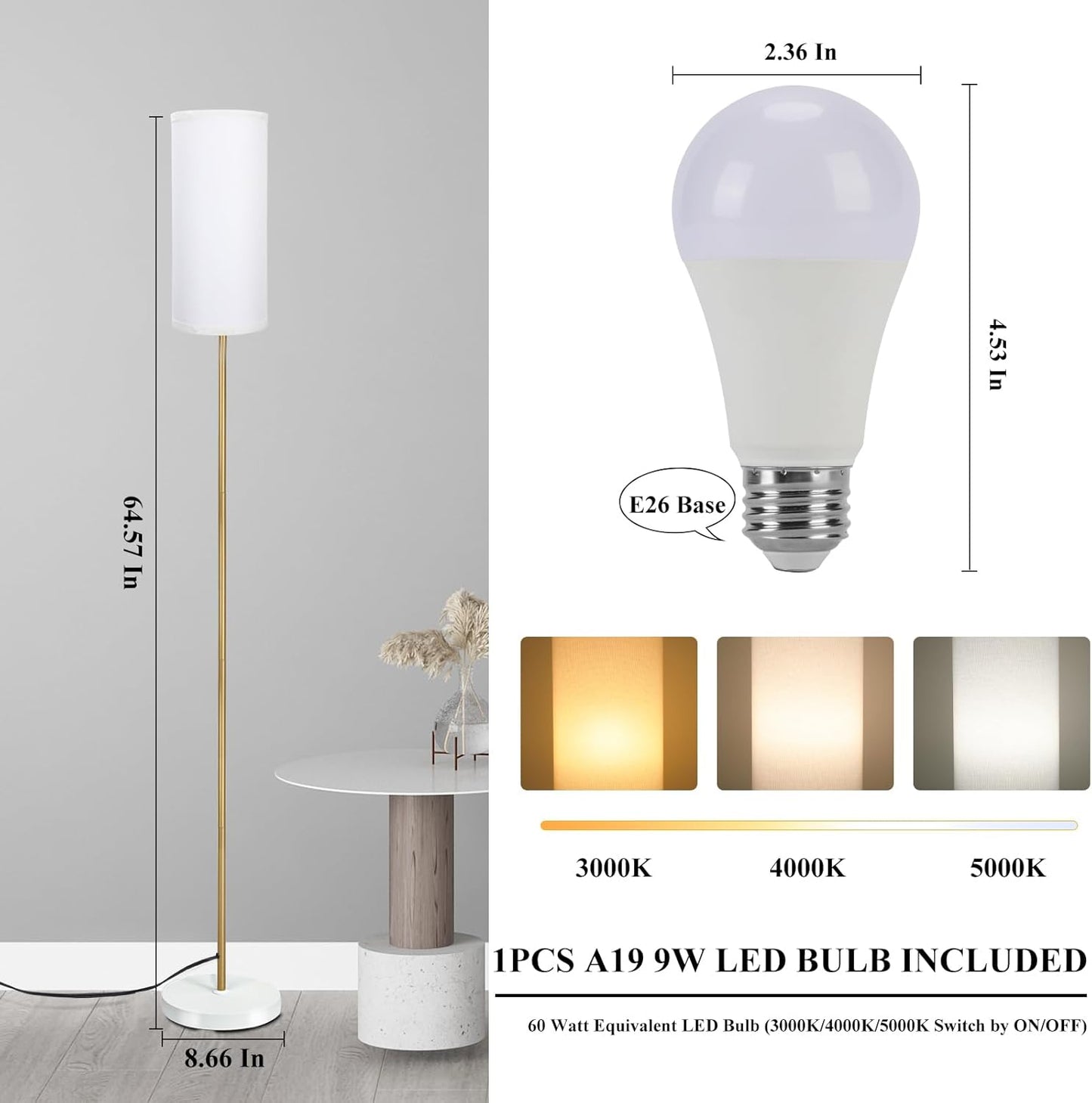 BoostArea Floor Lamp - Modern 3 Color Temperature Tall Lamp for Living Room & Office | White Linen Shade