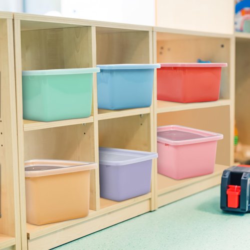 Outus 24 Pcs Plastic Small Cubby Bins with Lids Toy Storage Bins Classroom Storage Organizer Containers Books Bins With 15 Sheets Self Adhesive Labels for Classroom School Supplies(Macaron)
