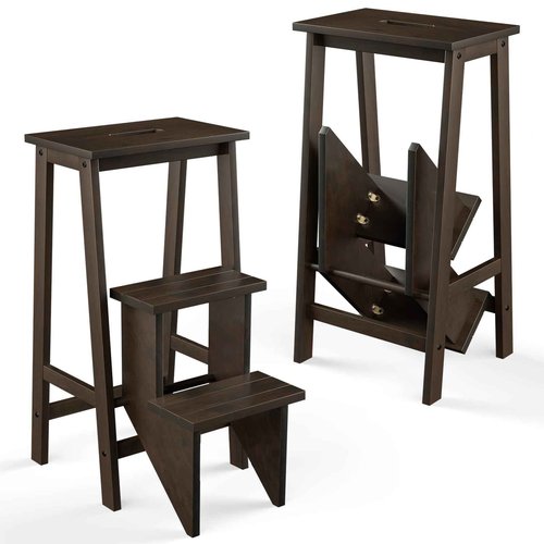 BETTARY 3-Step Folding Wooden Step Stool, Portable Anti-Slip Step Ladder, Foldable Wood Counter Staircase, Multifunctional Flower Shelf & Chair for Kitchen/Garage/Living Room/Library (Brown)