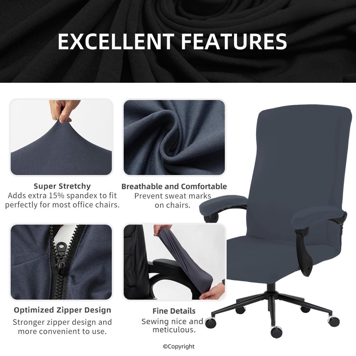Stretch Computer Office Chair Cover with Armrest Covers Durable Zipper Universal Washable Removable Spandex Rotating Boss Chair Slipcovers Anti-dust Soft Desk Chair Seat Protector, Dark Gray