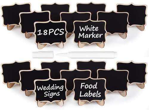 Herda 18 PCS Mini Chalkboard Signs with Easel Stand, Wooden Blackboard Labels for Wedding Celebration, Name/Place Cards, Food Labels for Party Buffet, Reusable Signs/Message Boards/Table Numbers etc.