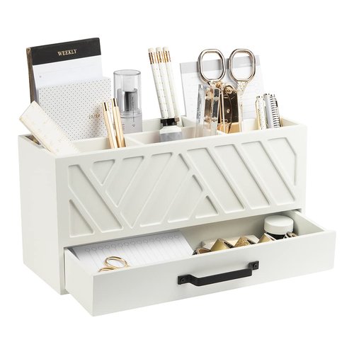 BLU MONACO Stylish White Wooden Pen Holder for Desk: Keep Pens, Markers, and More Organized. With 6 Storage Compartments and a Drawer. Pencil Holder, Marker Storage, and Desk Organizers