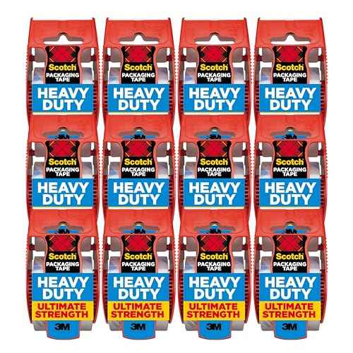 Scotch Heavy Duty Packaging Tape 12 Rolls (1.88" x 22.2 yd, 1.5" Core) - Clear Packing Tape with Dispensers, Strong Adhesive for Shipping, Moving & Mailing, Durable Easy-Unwind Design