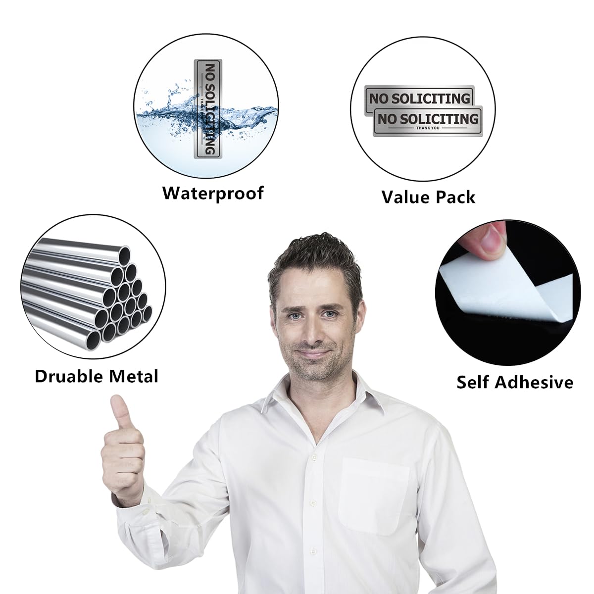 No Soliciting Sign - Door Signs for House Business and Office Wall - Aluminum Metal with Strong Self Adhesive (2 Pack, Silver 7×2 inches)