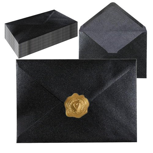 UoeRing A7 Self-Sealing Black Envelopes 50 Pcs - 5x7 Inches (5.31×7.67in) Premium 120g Pearl Glitter Paper - Printable & Writable for Wedding, Party Invitations - Includes Gold Sealing Stickers