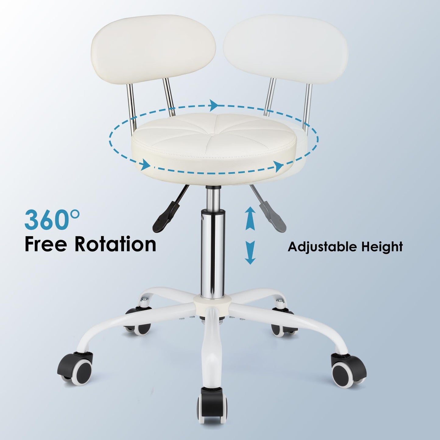 FNZIR PU Leather Rolling Stool with Back Support Height Adjustable Swivel Stool Chair with Wheels Drafting Chair for Spa Slaon Massage Stable Base Foot White