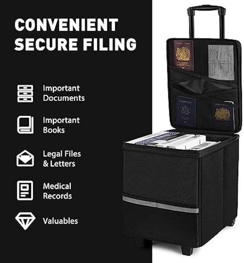 Fireproof File Box with Wheels and Telescopic Handle, Foldable Utility Cart Folding Portable Rolling Crate, Fireproof Document Organizer File Cabinet for Travel Office Use