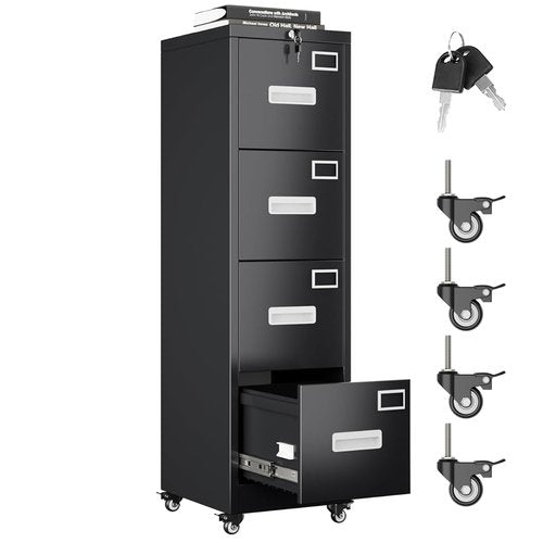 Aobabo File Cabinet 4 Drawer with Wheels, Lockable Office Metal Filing Cabinet with Name Card for Office and Home,Assembly Required,Black
