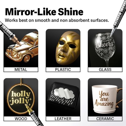 Funcils Liquid Chrome Paint Pen - 4 Dual Tip Mirror Effect Metallic Markers with 2 Silver, 1 Copper, 1 Gold | Reflective Marker for Metal, Plastic, Glass, Resin Art, DIY Crafts, Model Touch Up Paint