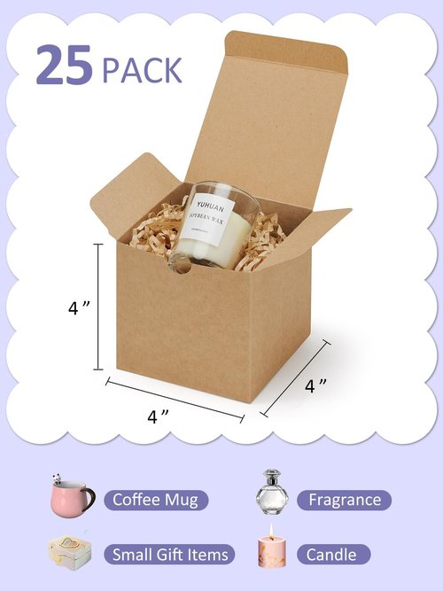 Eupako Gift Boxes - 25 Pack Brown Kraft Paper Boxes with Lids | 4x4x4 for Weddings & Parties