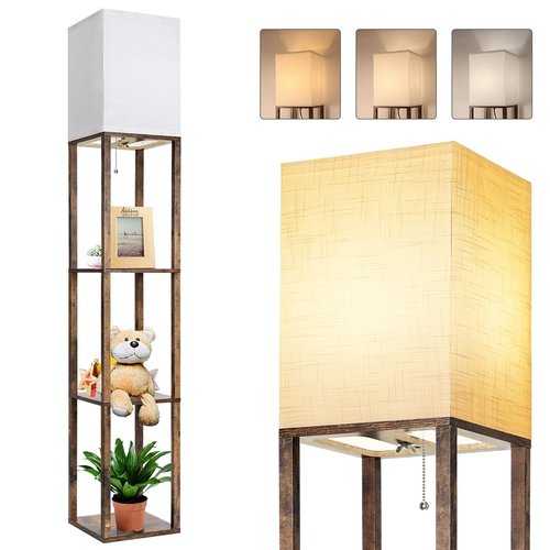 Dott Arts Floor Lamp with Shelves, 3 Color Temperature LED Bulb, Wood Texture, Storage, Brown