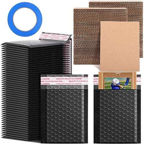 Tatuo 301 Pcs Trading Card Shipping Protector Set Include 200 Corrugated Cardboard Sheets Inserts 100 Poly Bubble Mailers Padded Envelopes and Masking Tape(Black)
