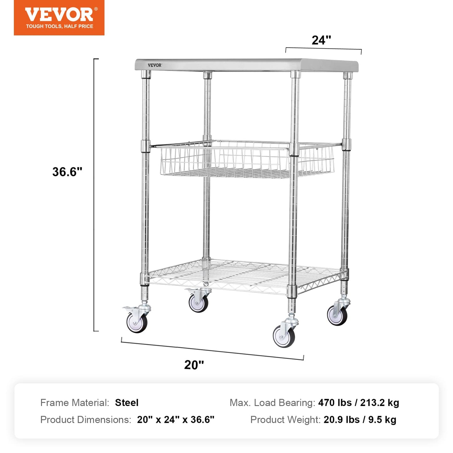 VEVOR Kitchen Utility Cart, 36.6"x20"x24" 3 Tiers Wire Rolling Cart, 470LBS Capacity Steel Service Cart with Brake Wheels, Storage Trolley with 76mm Basket PP Liner 6 Hooks, for Indoor & Outdoor Use