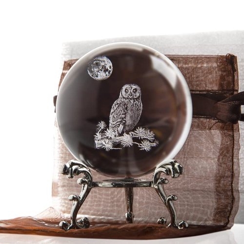 HDCRYSTALGIFTS 60mm 3D Laser Crystal Ball Paperweight OWL Figurines Glass Sphere Decorative Balls with Stand Gift