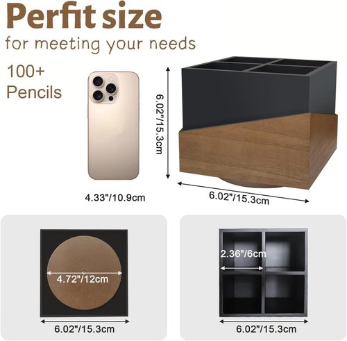 DUO GE MAO Rotating Pen Holder for Desk, Black Pencil Holder Pen Cup with Wood Grain Veneer, Wooden Desktop Pen Organizer Desk Caddy Organizer for Makeup Brush, Flatware, Remote Control