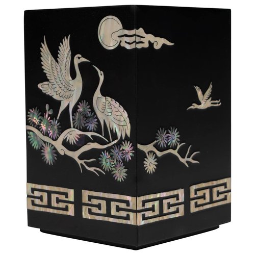 February Mountain Handcrafted Korean Mother-of-Pearl Pen Holder - Crane and Pine Tree Design, Elegant Black Lacquered Desk Organizer for Office or Home